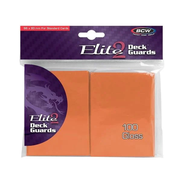 Close-up of BCW Gloss Deck Guards Elite2 card protectors with glossy finish and sleek design for collectible cards.