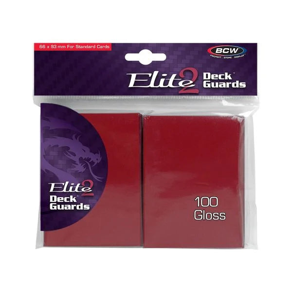 Red BCW Gloss Deck Guards Elite2 card sleeves in a single pack, featuring high-quality protective card sleeves.