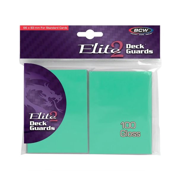 BCW Gloss Deck Guards Elite2 protecting collectible trading cards, featuring clear plastic design and secure edge sealing.