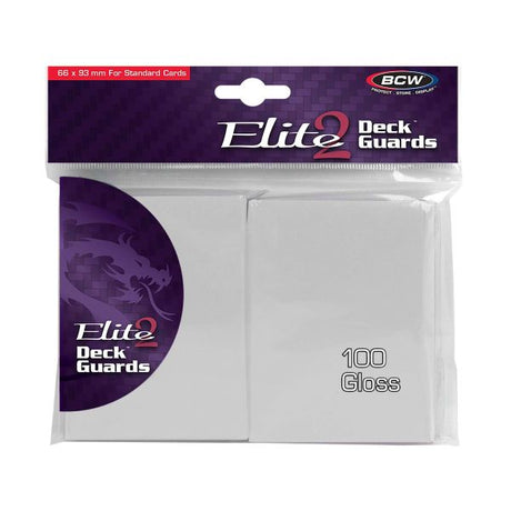 Pack of BCW Gloss Deck Guards Elite2 for protecting collectible trading cards, clear plastic card sleeves.
