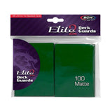Pack of BCW Matte Deck Guards Elite2 anti-glare card protectors with a green backing, designed for collectible cards.