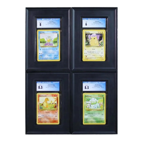 Black BCW Interlocking Graded Card Frames holding collectible Pokémon cards in a secure display.