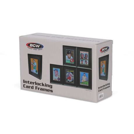 Black BCW interlocking card frames with clear acrylic panels for displaying collectible cards, shown in a packaged set.