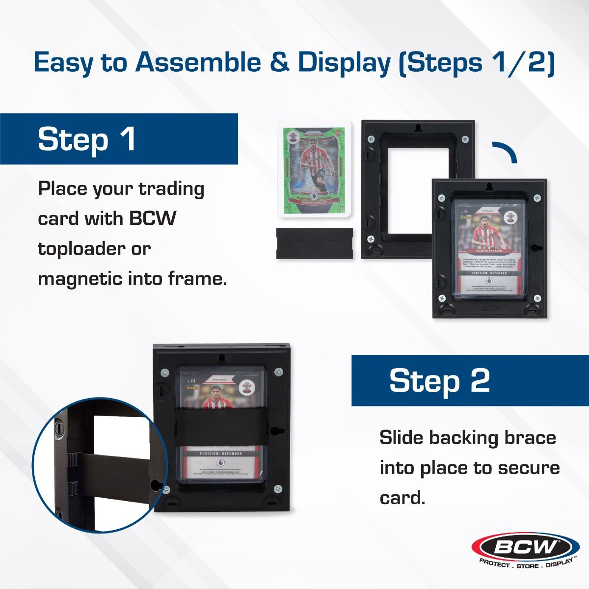 Black BCW interlocking card frames shown with multiple frames connected for displaying collectible cards.