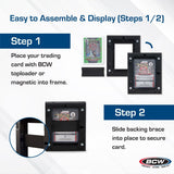 Black BCW interlocking card frames shown with multiple frames connected for displaying collectible cards.