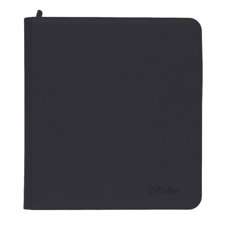 Black BCW Z-Folio 12-Pocket Album front view, durable plastic cover with clear pockets for storing trading cards or collectibles.