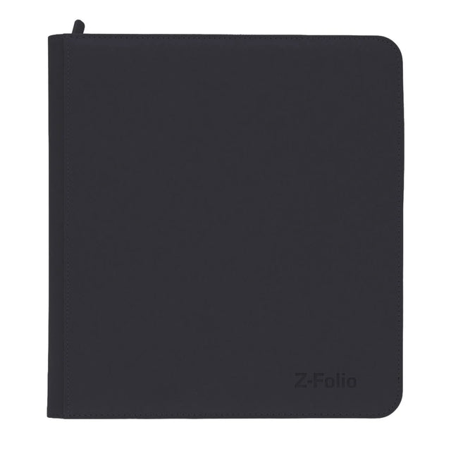 Black BCW Z-Folio 12-Pocket Album front view, durable plastic cover with clear pockets for storing trading cards or collectibles.