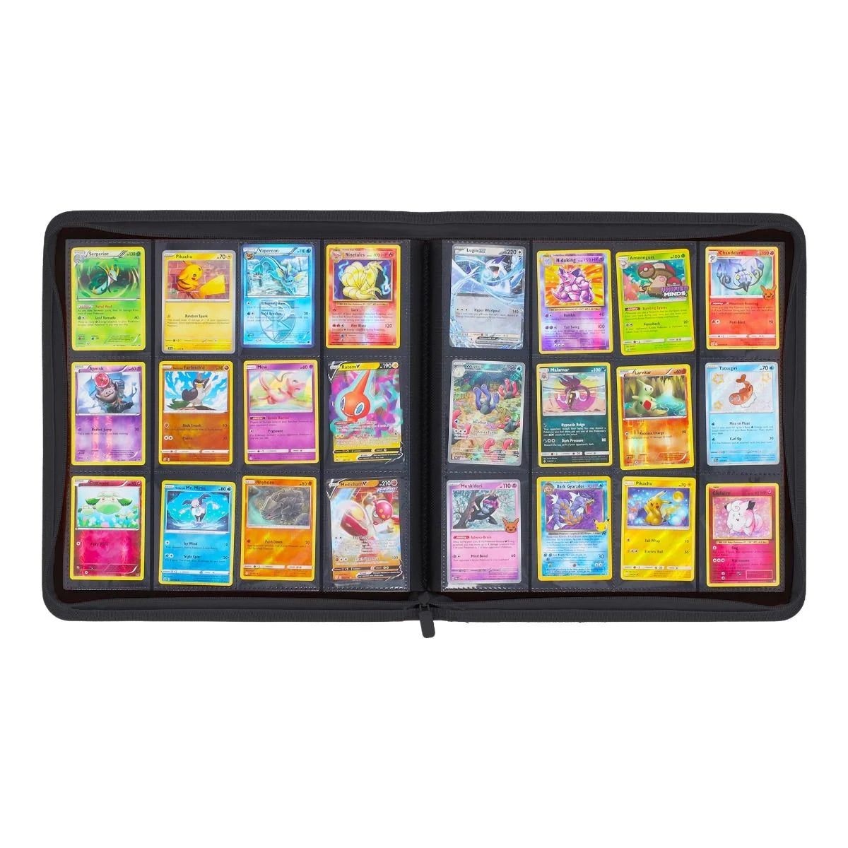 Open black BCW Z-Folio 12-pocket collectible card album with transparent pages for storing trading cards.