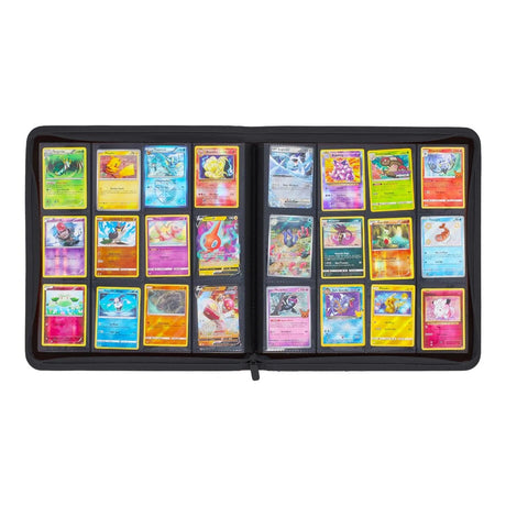 Open black BCW Z-Folio 12-pocket collectible card album with transparent pages for storing trading cards.