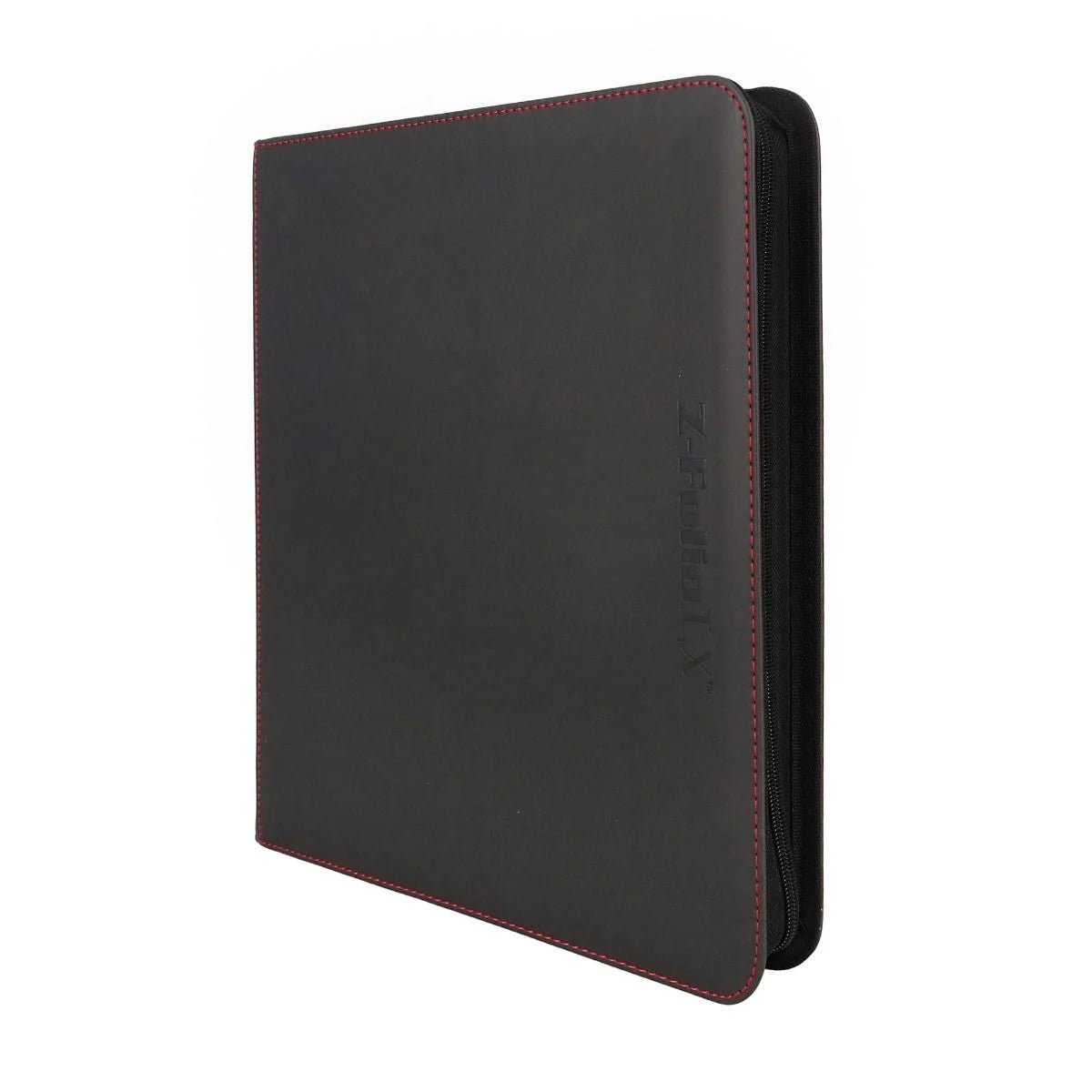 Black BCW Z-Folio 12-Pocket LX Album open showing clear plastic pages for collectible card storage.