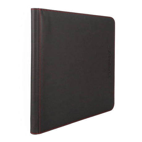 Black BCW Z-Folio 12-Pocket LX Album open to display clear plastic pages for storing collectible cards.