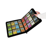 Black BCW Z-Folio 12-Pocket LX Album with open pages displaying plastic sleeves for collectible cards.