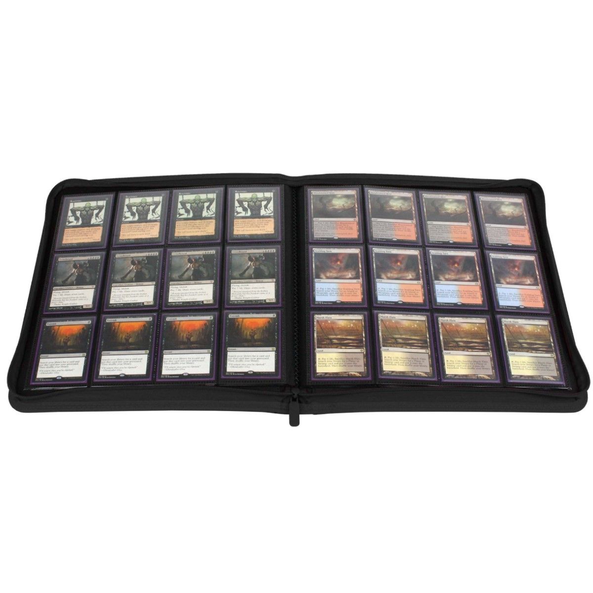 Open black BCW Z-Folio 12-pocket LX album showing page dividers and plastic sleeves for collectible cards.