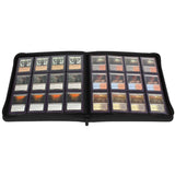 Open black BCW Z-Folio 12-pocket LX album showing page dividers and plastic sleeves for collectible cards.