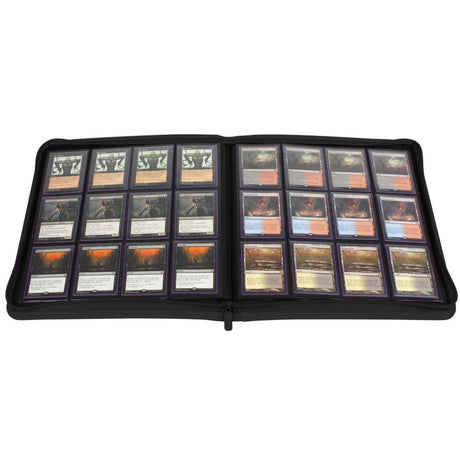 Open black BCW Z-Folio 12-pocket LX album showing page dividers and plastic sleeves for collectible cards.