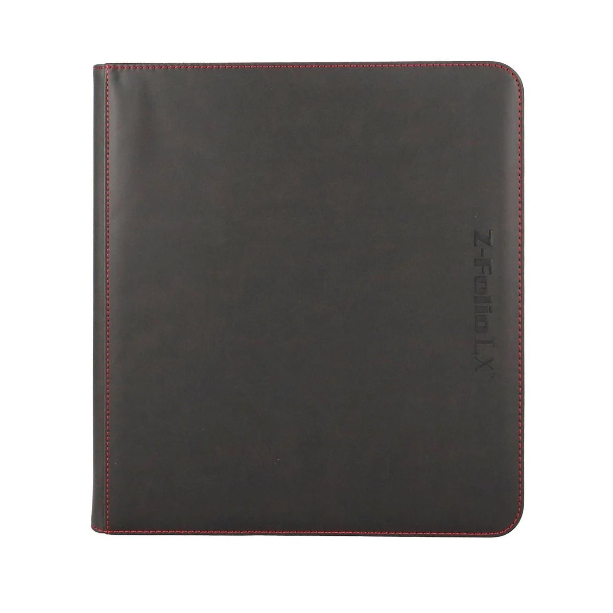 Black BCW Z-Folio 12-Pocket LX Album open with pages for storing trading cards or collectibles, featuring a sleek black cover.