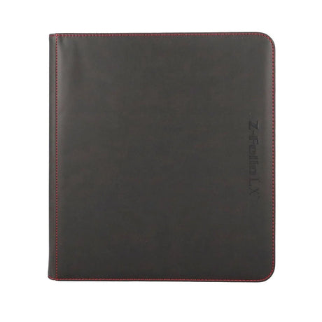 Black BCW Z-Folio 12-Pocket LX Album open with pages for storing trading cards or collectibles, featuring a sleek black cover.