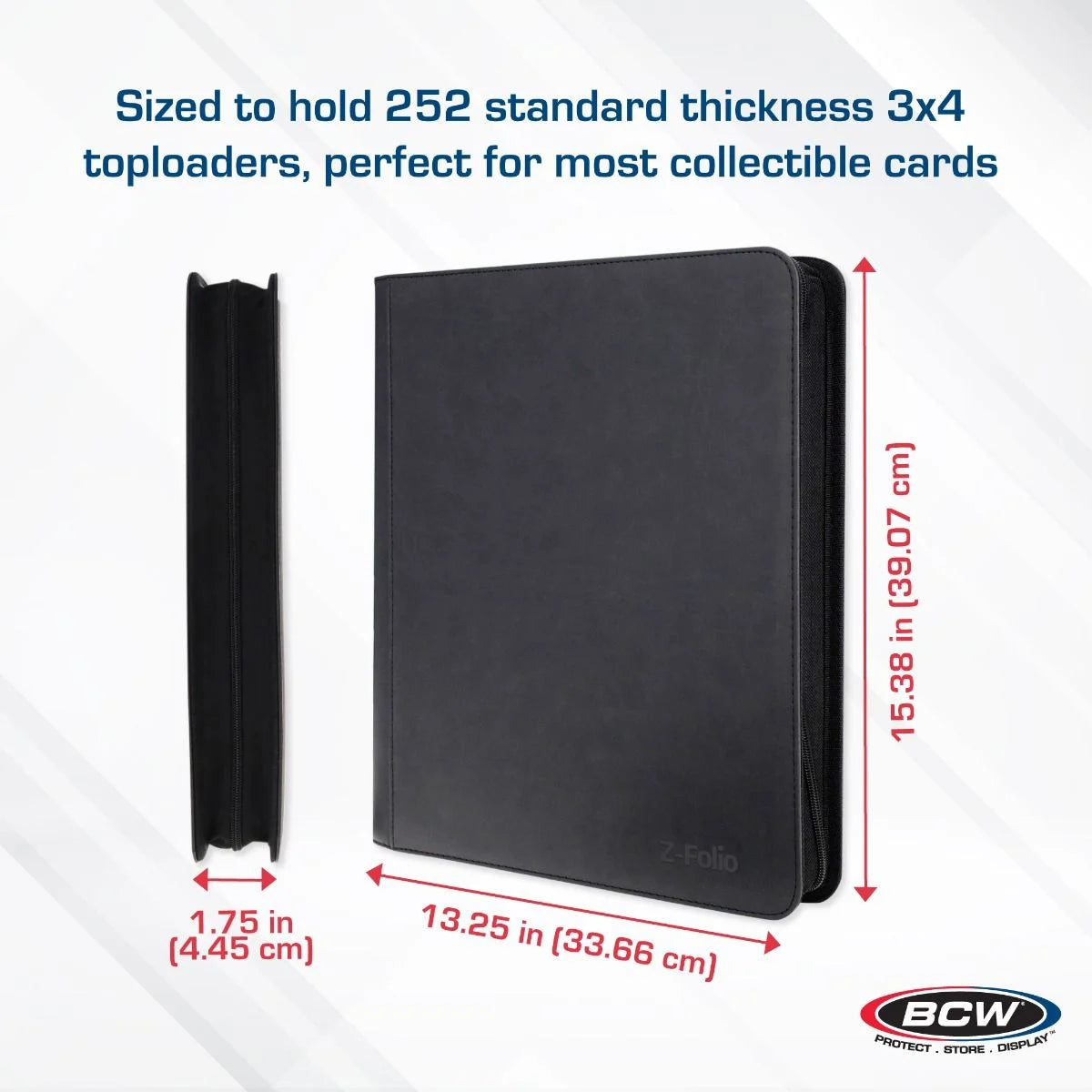 Black BCW Z-Folio 9-Pocket LX Toploaders binder with clear plastic sleeves for collectible cards.