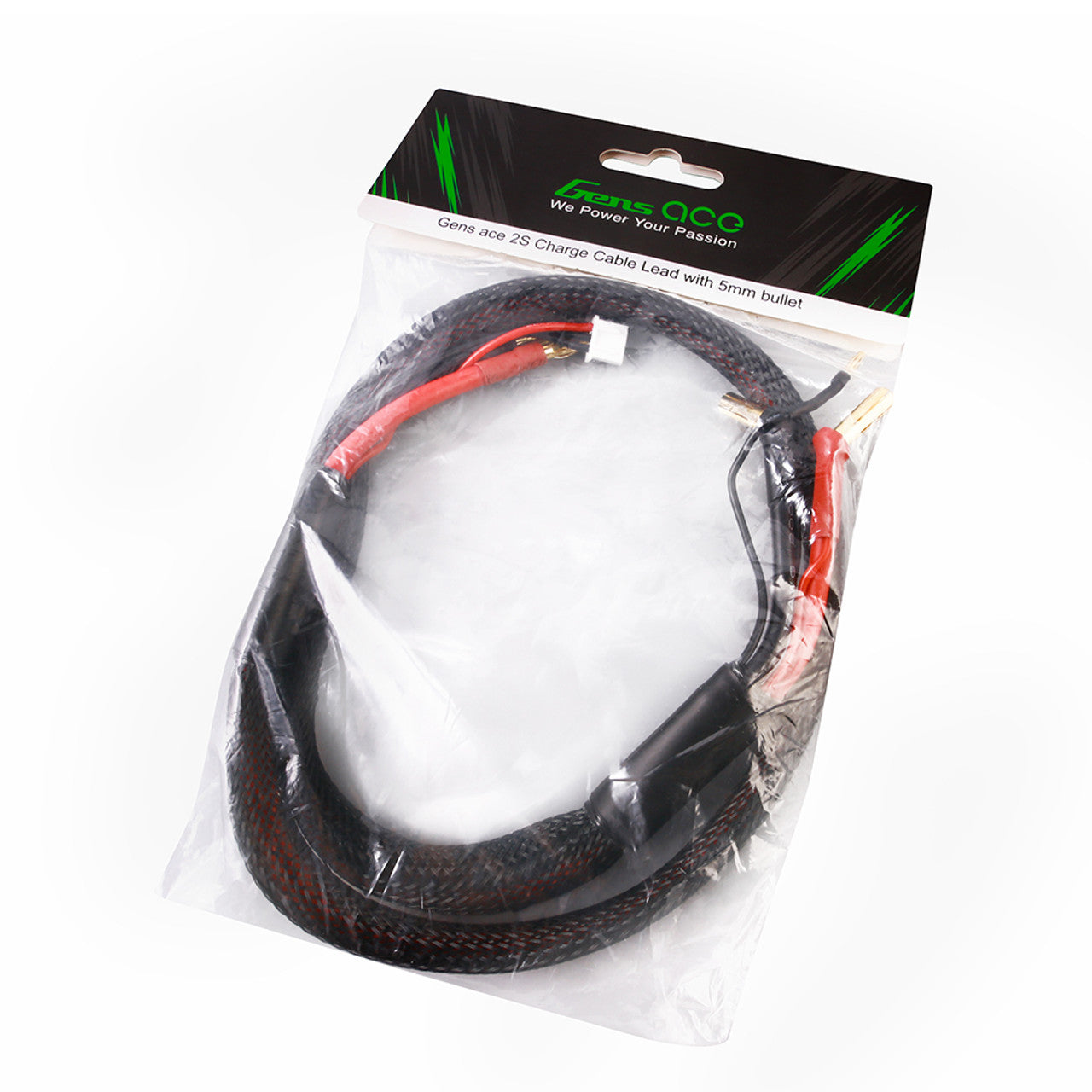 Gens Ace 2S charge cable with 5mm bullet connectors for rechargeable batteries, shown connected to a power source.