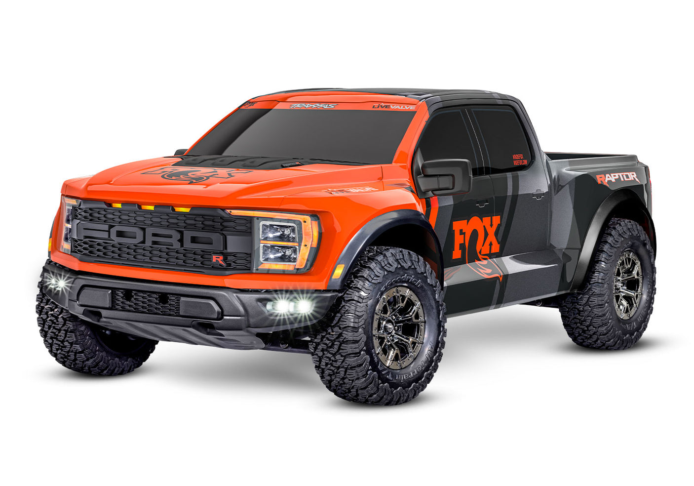 Traxxas Ford Raptor R 4X4 Ultimate RC truck with detailed front view, showcasing rugged design and realistic features.