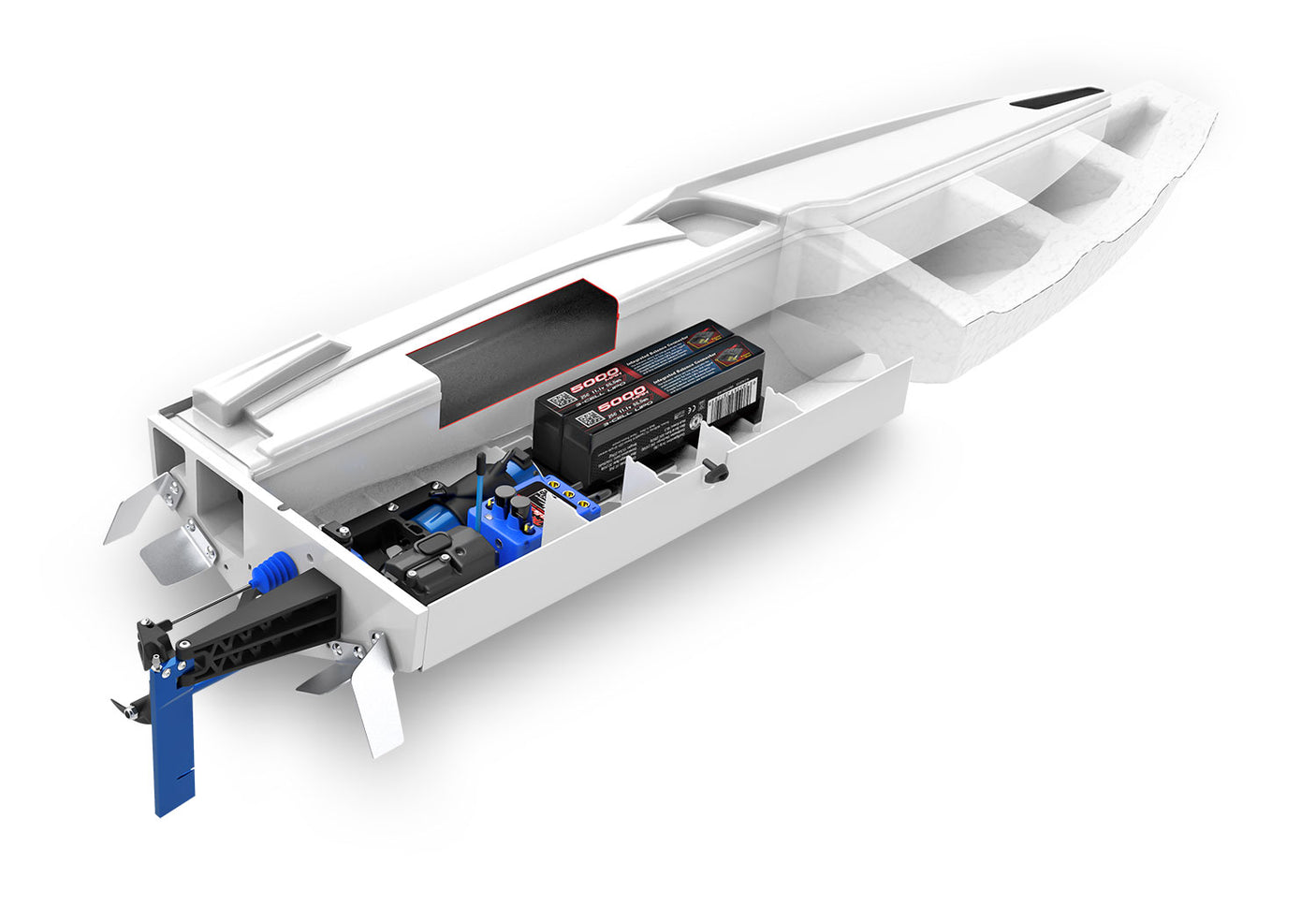 Cutaway of Traxxas Spartan SR 36-inch remote control boat showing internal flood chamber and mechanical components.