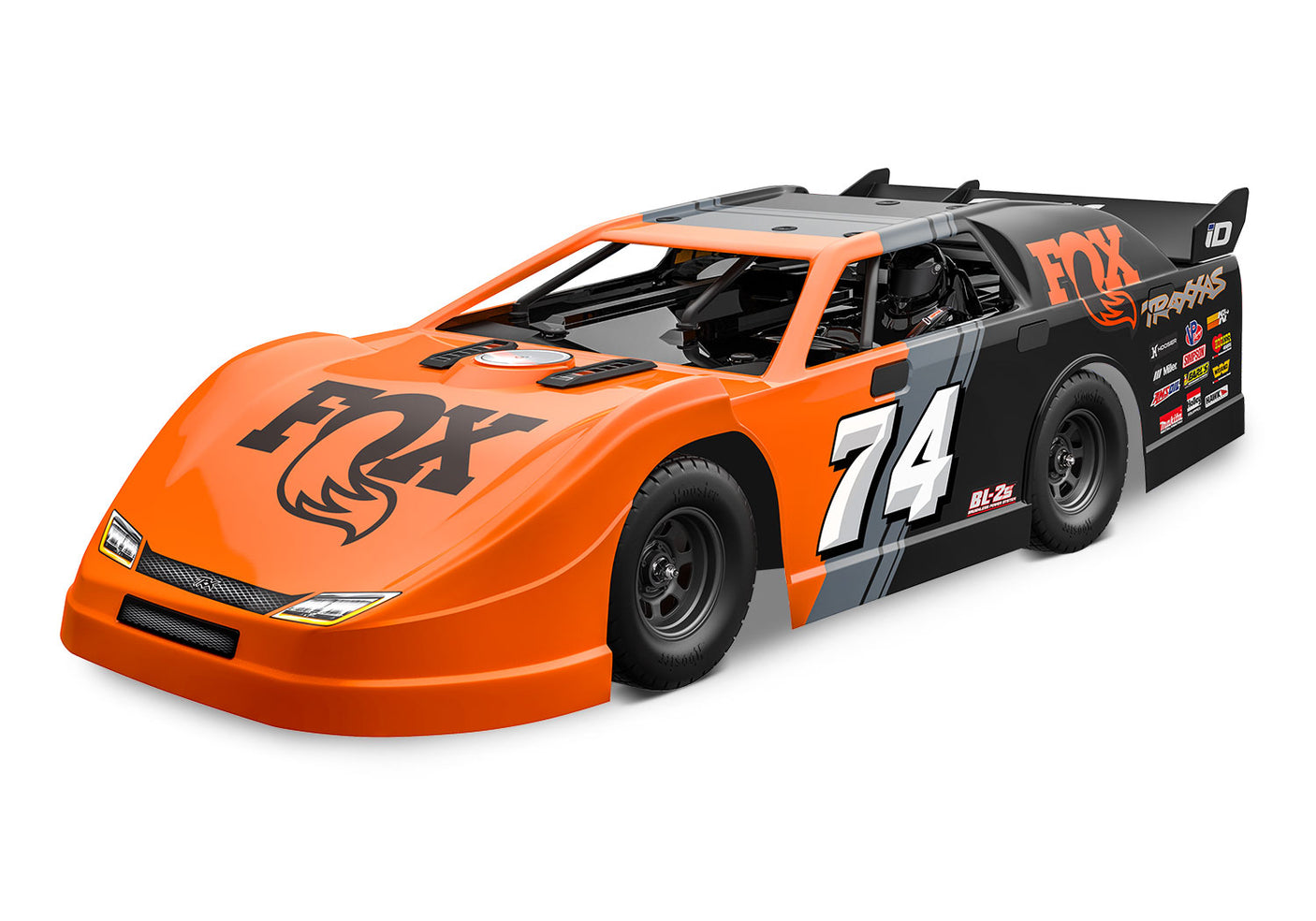 Traxxas Slash Late Model BL-2s RC truck with front view showing detailed body and wheels on a racing track.
