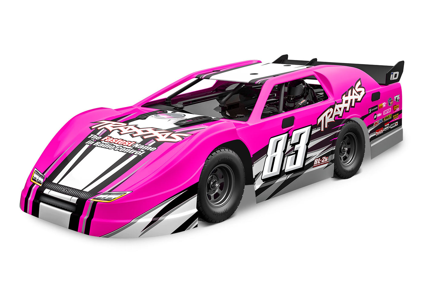 Traxxas Slash Late Model BL-2s RC truck with pink body, three-quarter front view, showcasing its detailed design and vibrant color.