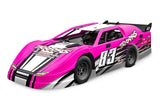 Traxxas Slash Late Model BL-2s RC truck with pink body, three-quarter front view, showcasing its detailed design and vibrant color.