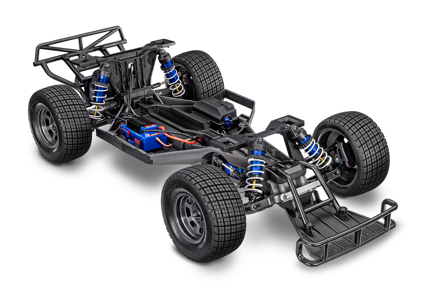 Traxxas Slash Late Model BL-2s RC truck chassis viewed from a three-quarter front angle showing detailed construction.