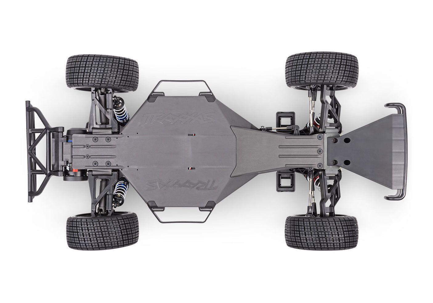 Traxxas Slash Late Model BL-2s RC car chassis viewed from the bottom showing detailed components and construction.