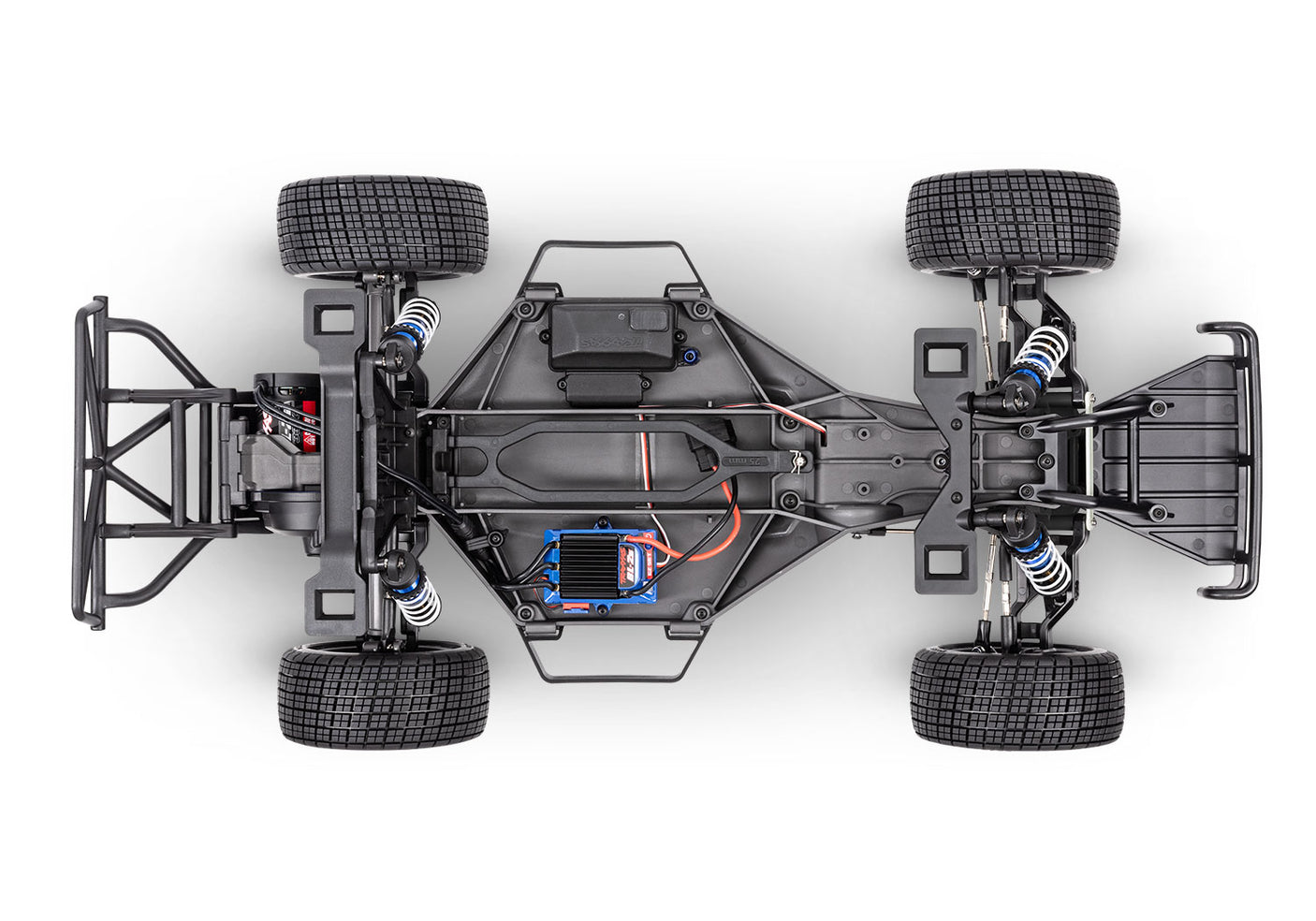 Overhead view of Traxxas Slash Late Model BL-2s chassis, showing detailed chassis layout and components of the remote control truck.