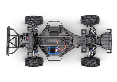 Overhead view of Traxxas Slash Late Model BL-2s chassis, showing detailed chassis layout and components of the remote control truck.
