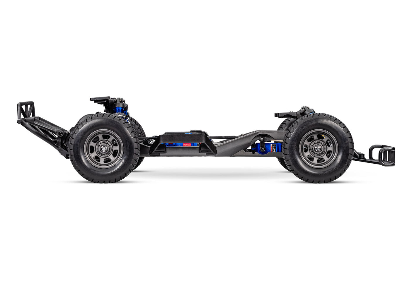 Side view of the Traxxas Slash Late Model BL-2s chassis showing detailed suspension and frame components.