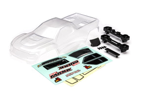Traxxas Mini Maxx clear RC car body shell with detailed design, showing the transparent plastic construction for the Traxxas Mini Maxx truck.