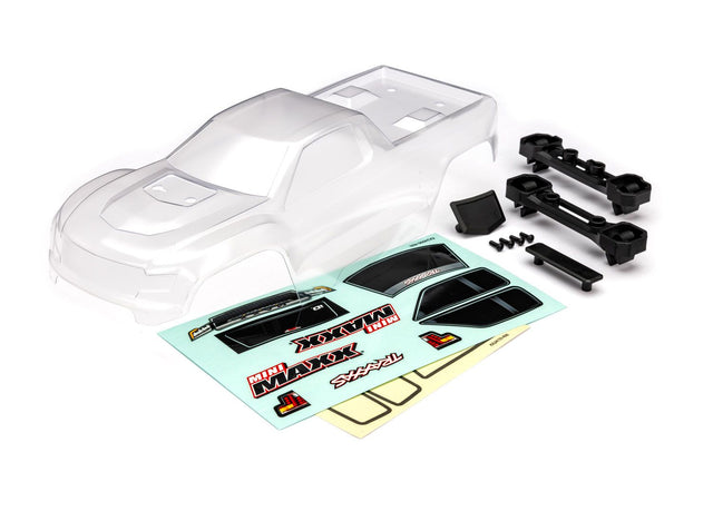 Traxxas Mini Maxx clear RC car body shell with detailed design, showing the transparent plastic construction for the Traxxas Mini Maxx truck.