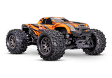 Orange Traxxas Mini Maxx 1/16 BL-2S RC truck with detailed front view and rugged tires.