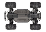 Traxxas Mini Maxx 1/16 BL-2S RC truck chassis bottom view showing detailed components and construction.