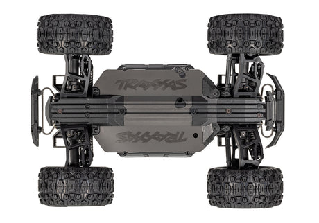 Traxxas Mini Maxx 1/16 BL-2S RC truck chassis bottom view showing detailed components and construction.