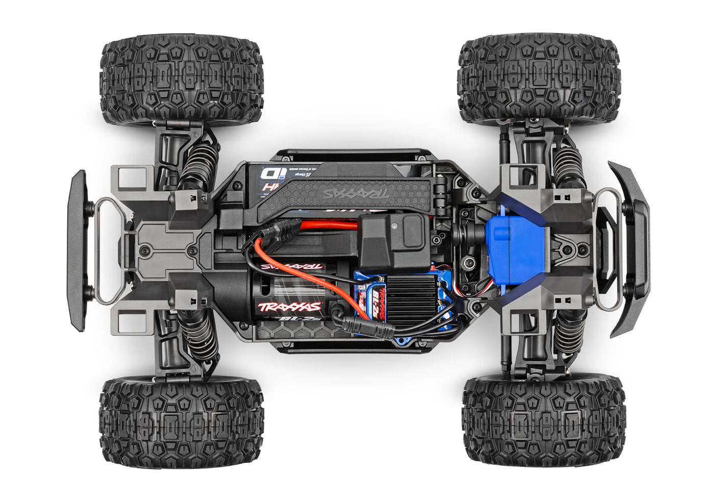 Traxxas Mini Maxx 1/16 BL-2S RC truck top chassis view showing detailed black plastic frame and components.