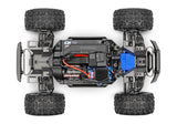 Traxxas Mini Maxx 1/16 BL-2S RC truck top chassis view showing detailed black plastic frame and components.