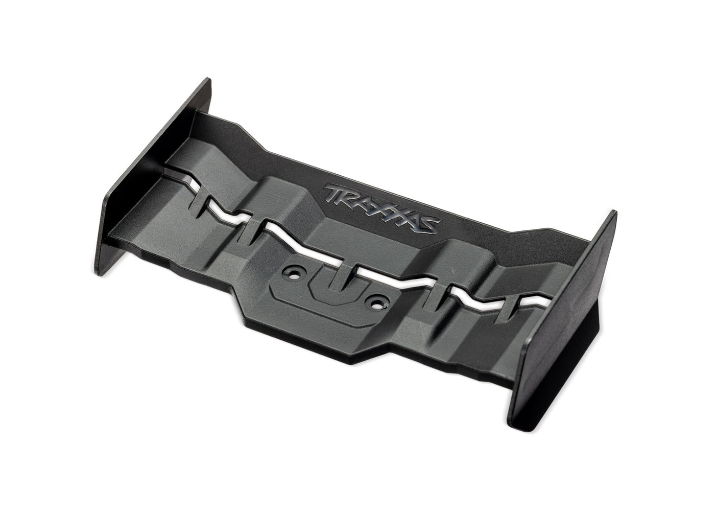 Traxxas Mini XRT black rear wing, aerodynamic RC car part with detailed design and brand logo for enhanced performance.