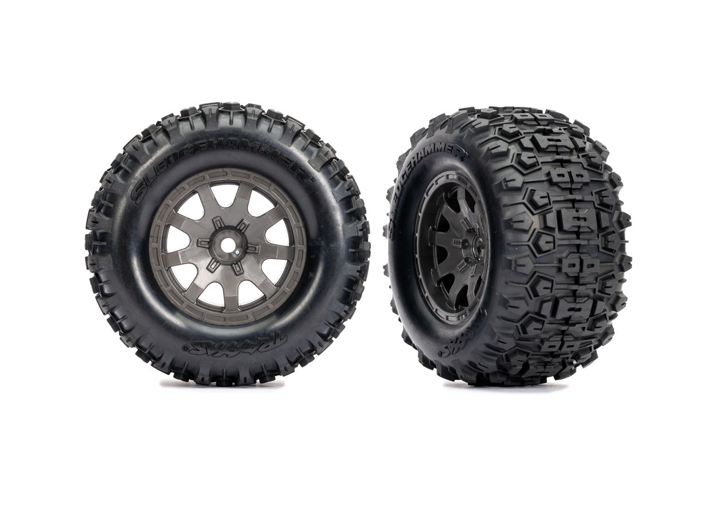 Traxxas Mini Maxx and XRT 4-inch rear wheels in gray, showing close-up of durable off-road RC vehicle wheels.