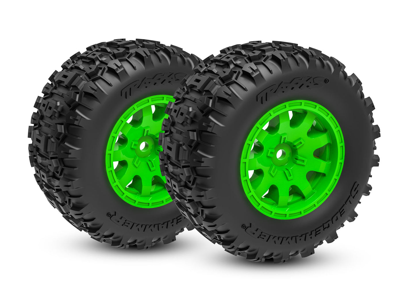 Traxxas Mini Maxx and XRT 4-inch rear wheels with green accents, designed for off-road RC trucks and vehicles.