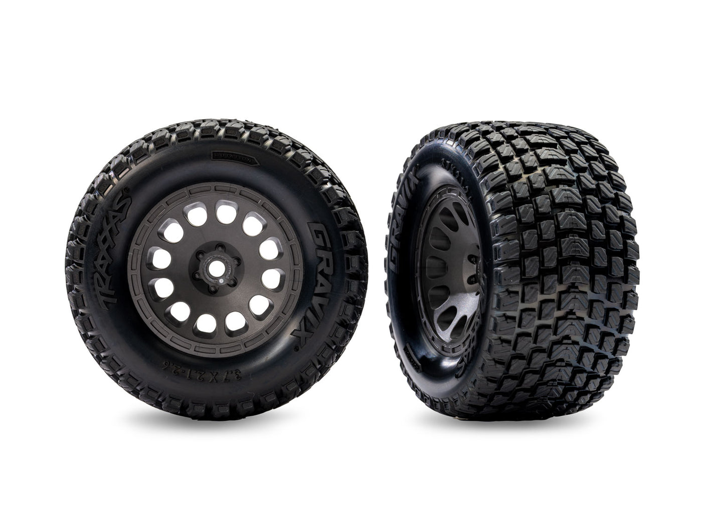 Pair of gray Traxxas Gravix pre-mounted front wheels for Mini XRT RC truck, showing detailed tire treads and wheel rims.