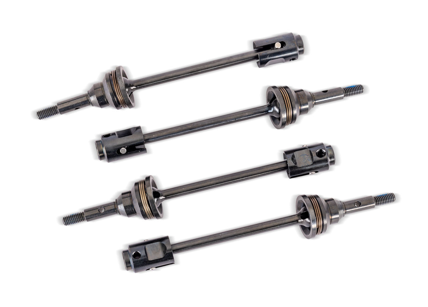 Traxxas WideMaxx Steel CV driveshafts for RC trucks, showing detailed metal construction and joint connections.