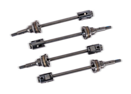 Traxxas WideMaxx Steel CV driveshafts for RC trucks, showing detailed metal construction and joint connections.
