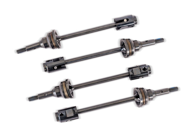 Traxxas WideMaxx Steel CV driveshafts for RC trucks, showing detailed metal construction and joint connections.