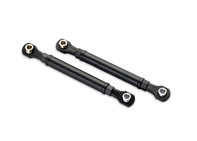 Traxxas WideMaxx 71mm fixed-length front toe links for RC trucks, showing black metal components and mounting points.