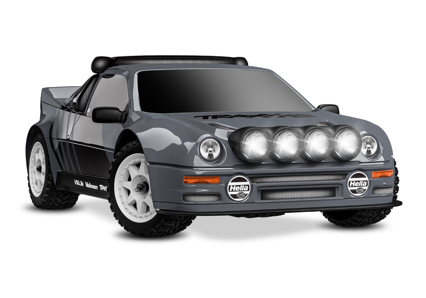 Traxxas Mini Rally VXL Ford RS200 remote control car shown from a three-quarter front view in gray color.