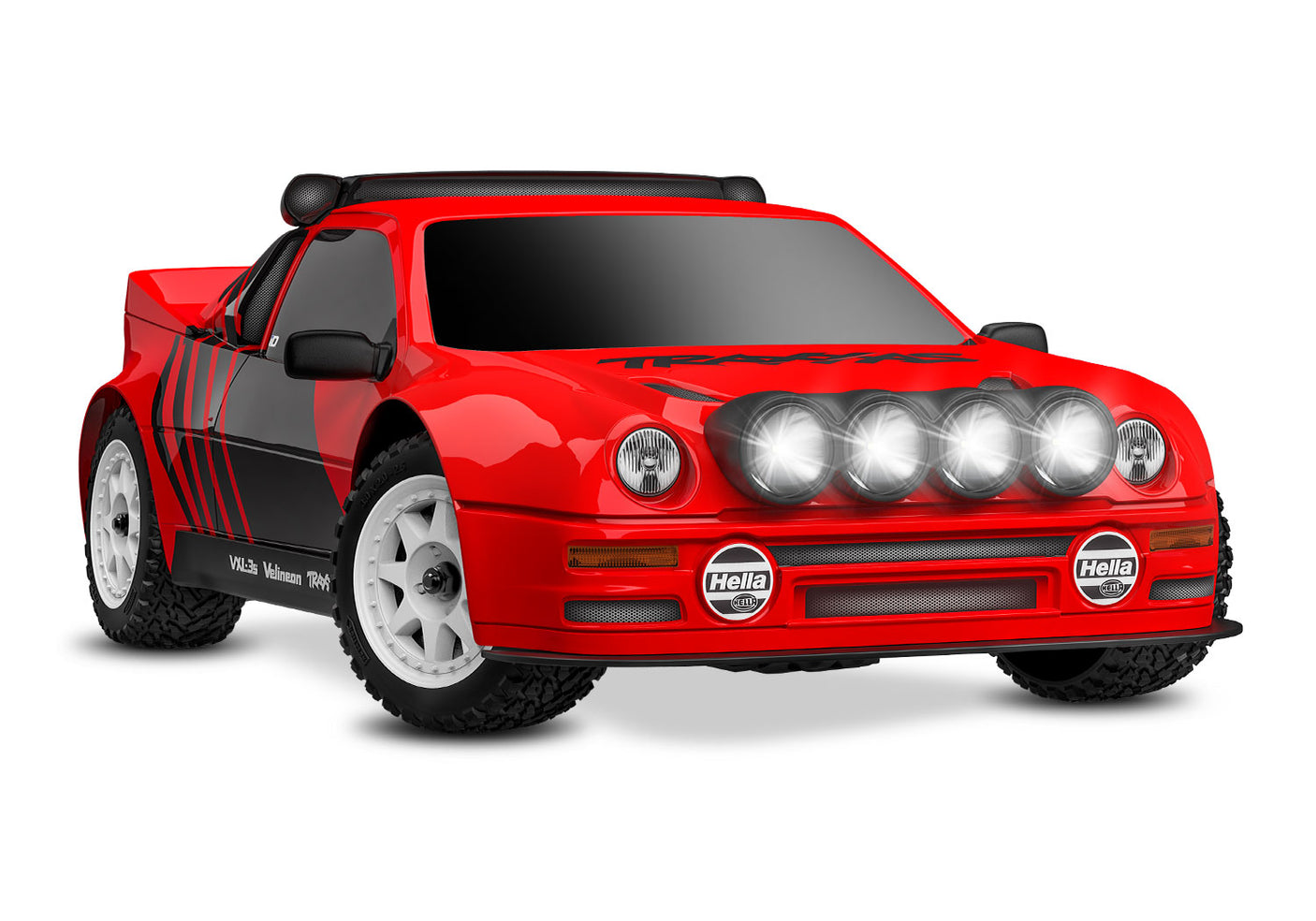 Red Traxxas Mini Rally VXL Ford RS200 remote control car shown from a three-quarter front view.
